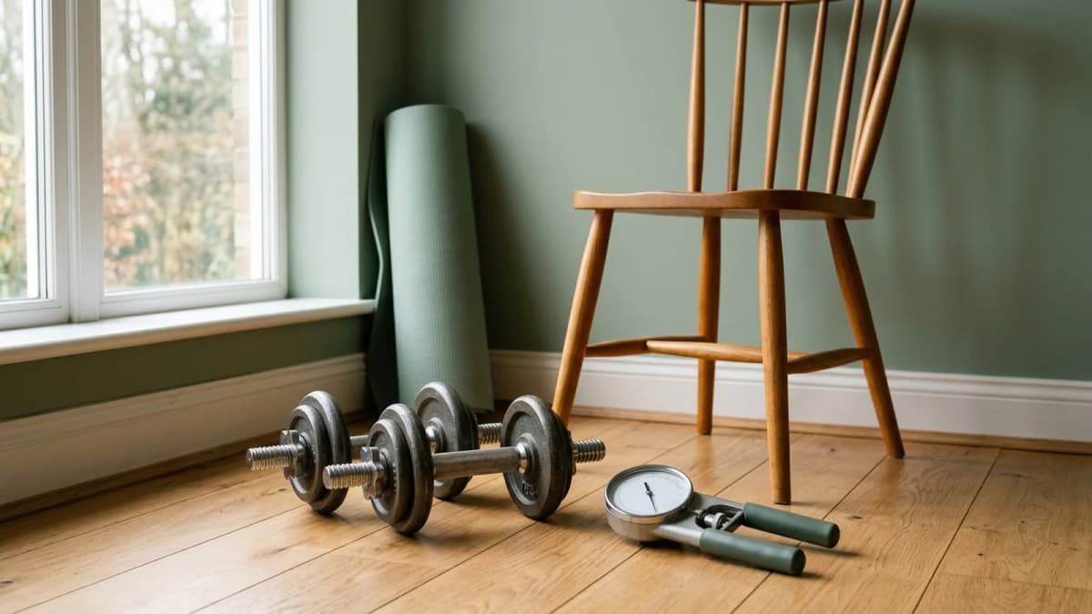 A handheld grip dynamometer with a blank dial and a pair of dumbbells on a wooden floor, a rolled exercise mat and a plain wooden chair by a window in soft daylight