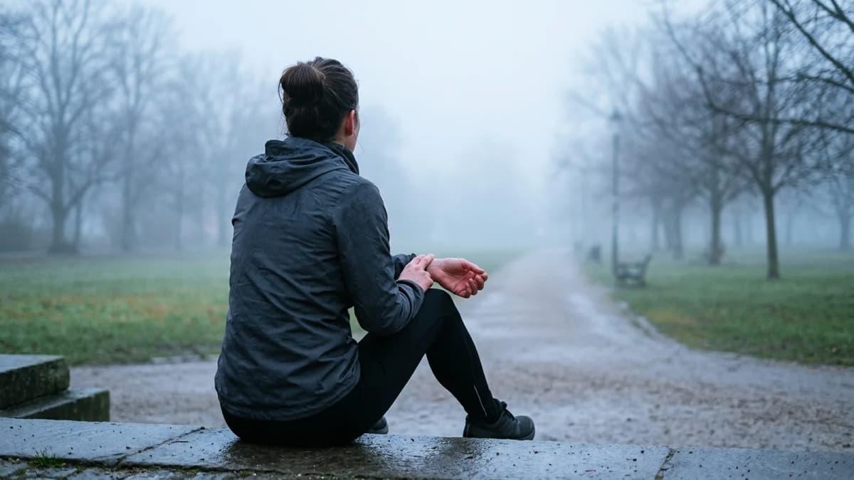 A runner seen from behind on a stone ledge in a misty park at dawn, two fingers resting on the inside of the wrist