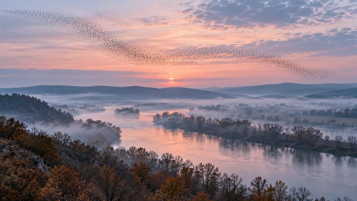 A wide river valley at sunrise with low mist over the water and a flock of starlings curving across a pale pink sky