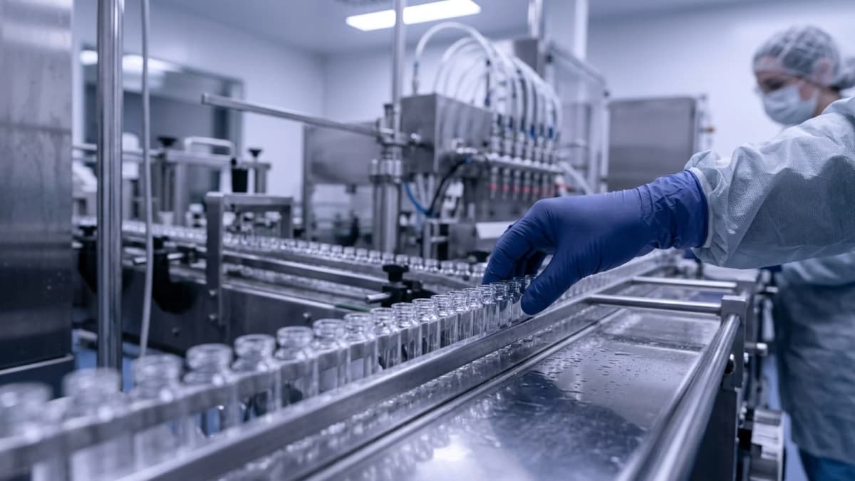 A gloved hand beside rows of unlabelled glass vials on a stainless steel pharmaceutical filling line