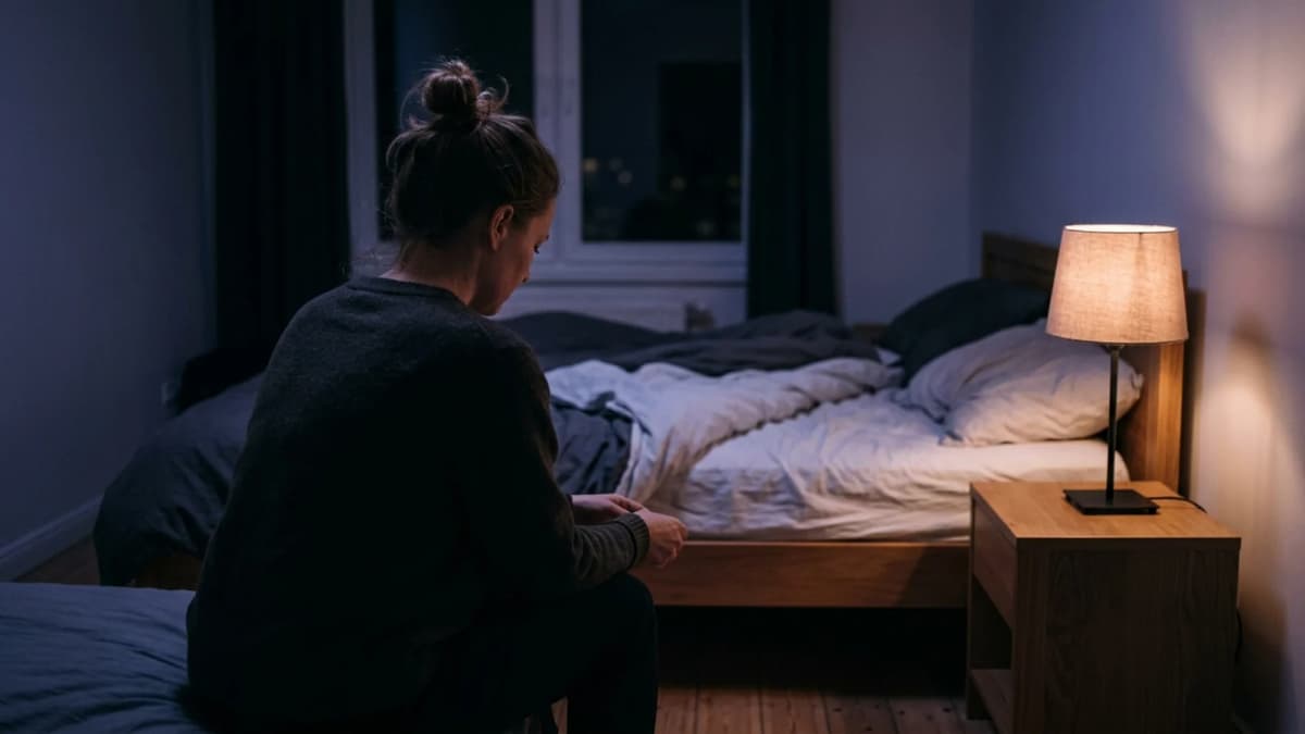A person sitting on the edge of a bed at night, back to the camera, lit by one bedside lamp
