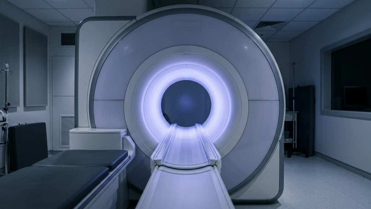 The empty illuminated bore of a cardiac MRI scanner, seen head on