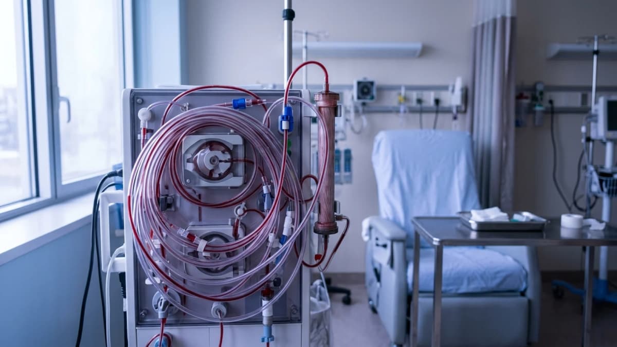 The coiled transparent tubing of a dialysis machine in an empty clinic room