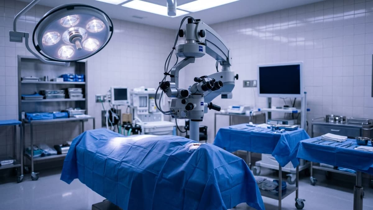 A surgical microscope over a blue draped field in an empty ophthalmic operating room