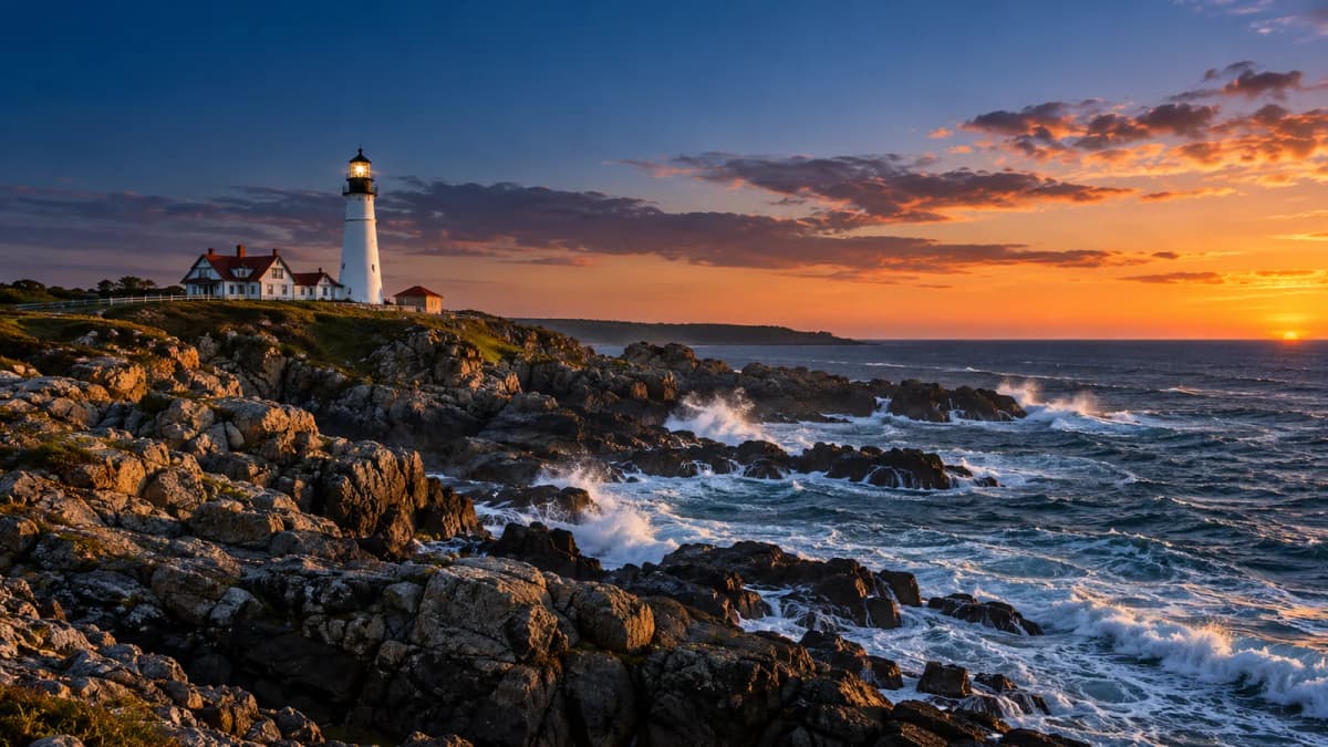 A white lighthouse on a rocky ocean headland at dusk, waves breaking on dark rocks under a deep blue and amber sky